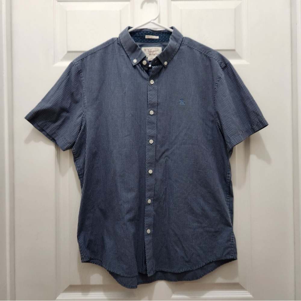 Original Penguin Men's Blue Checkered Button Up Short Sleeve Shirt